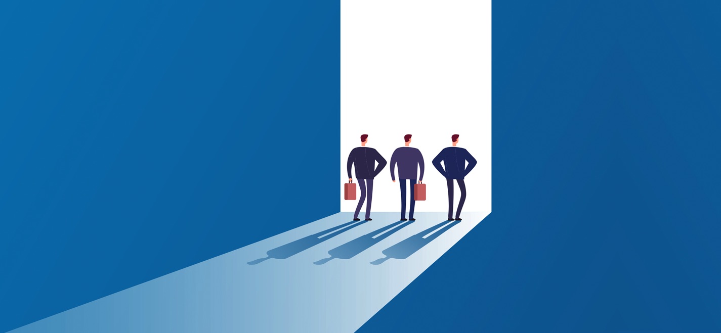 A graphic of three businessmen exiting through a large door, representing Intoo's Essential Guide to Outplacement.