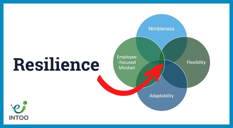 Venn diagram with four circles labeled Nimbleness, Flexibility, Adaptability, and Employee-Focused Mindset with Resilience at the center