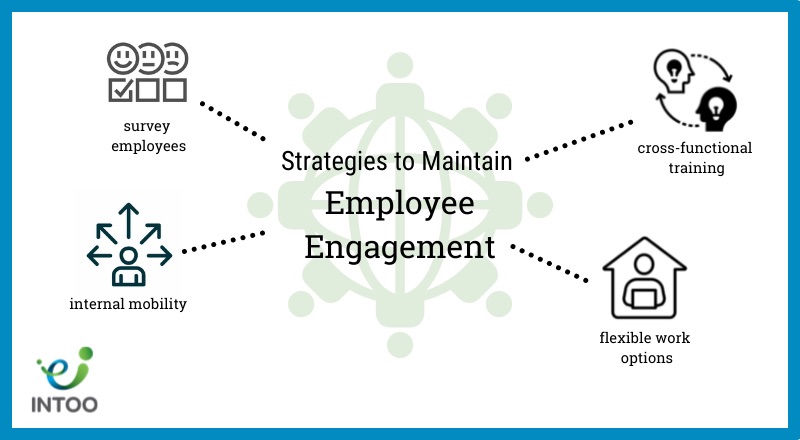 Strategies to maintain employee engagement include surveying employees, cross-functional training, internal mobility, and flexible work options