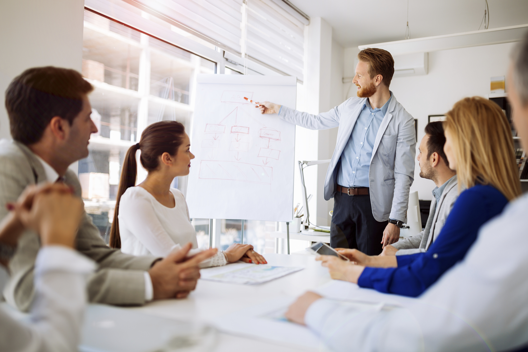 Board room meeting with seven people