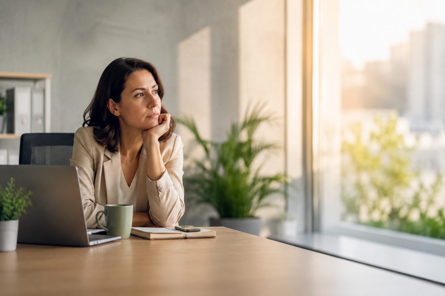 intoo-in-the-i-paper-surviving-a-job-you-hate-hero-image Professional sitting thoughtfully at a desk by a window, reflecting on career options and workplace wellbeing
