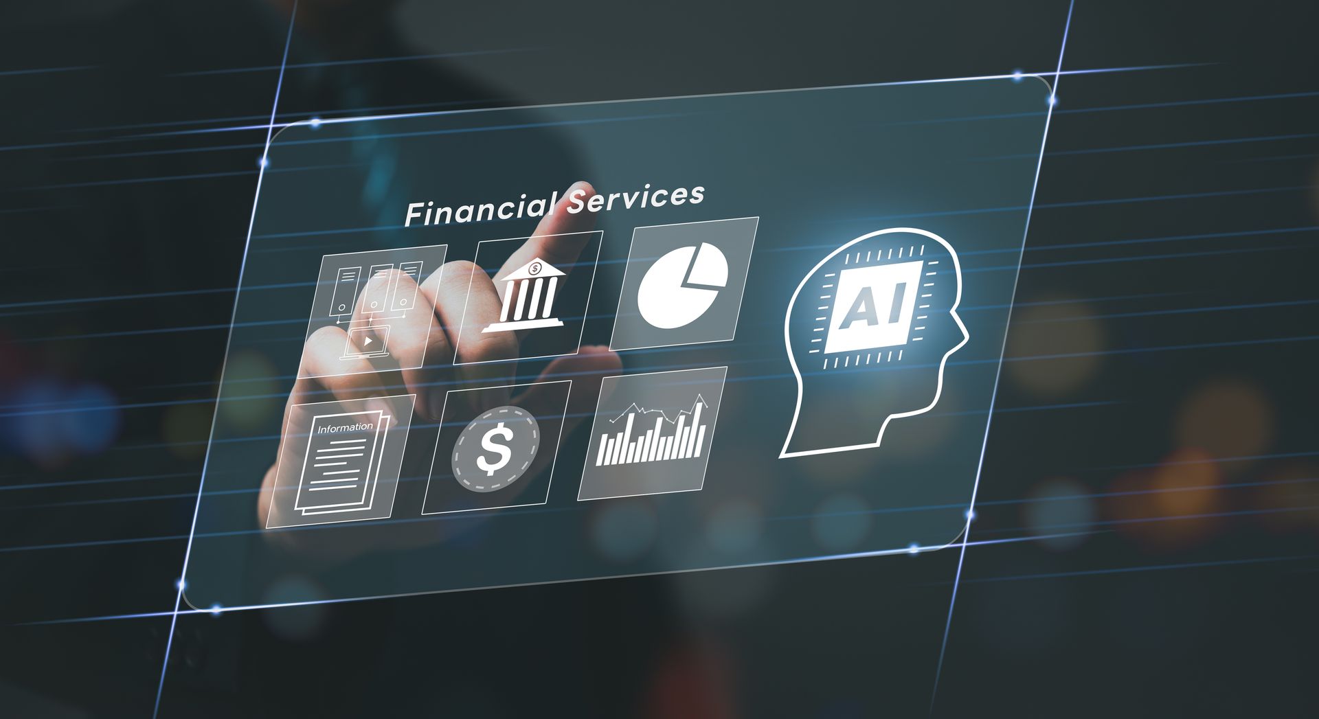 financial-services-workforce-change-hero Financial services workforce change: a hand using a digital AI and finance interface