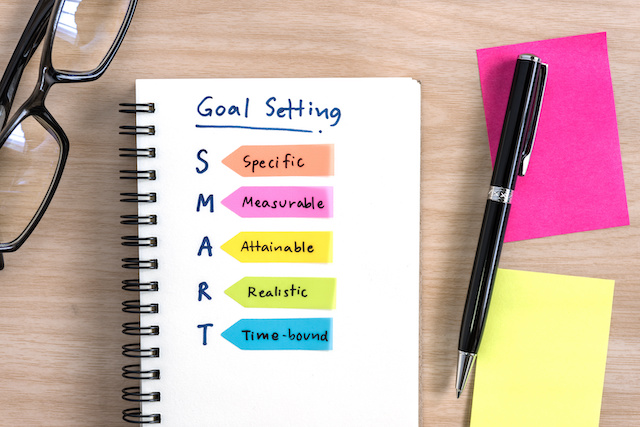 A notebook with the definition of SMART goal setting, on a desk near a pair of glasses, pen and sticky notes
