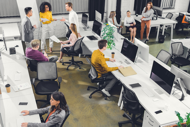 Full-time employees work in an open plan office