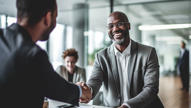 Male Black executive accepts a job offer with a handshake