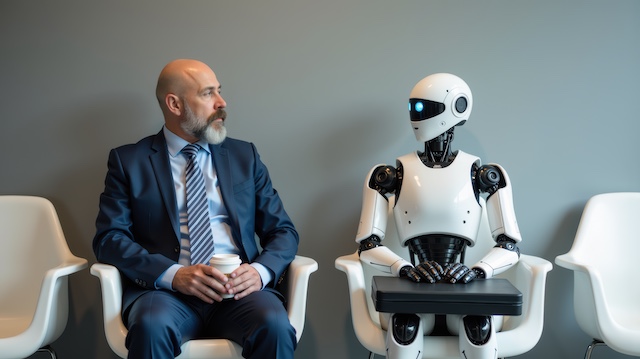 A businessman sits in an office waiting area next to a robot