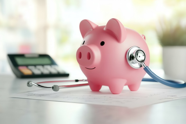 A stethoscope rests on the side of a piggy bank that sits on a desk by a calculator