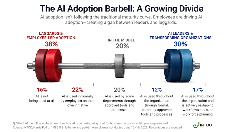 An infographic illustrating the survey's findings with a barbell that shows the growing divide between employee adoption and lagging employers