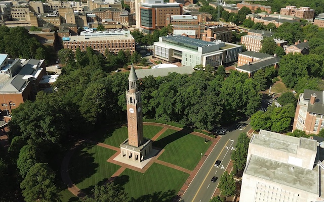 Arial view of the memorial bell tower at University of North Carolina campus at Chapel Hill, representing outplacement services in Chapel Hill